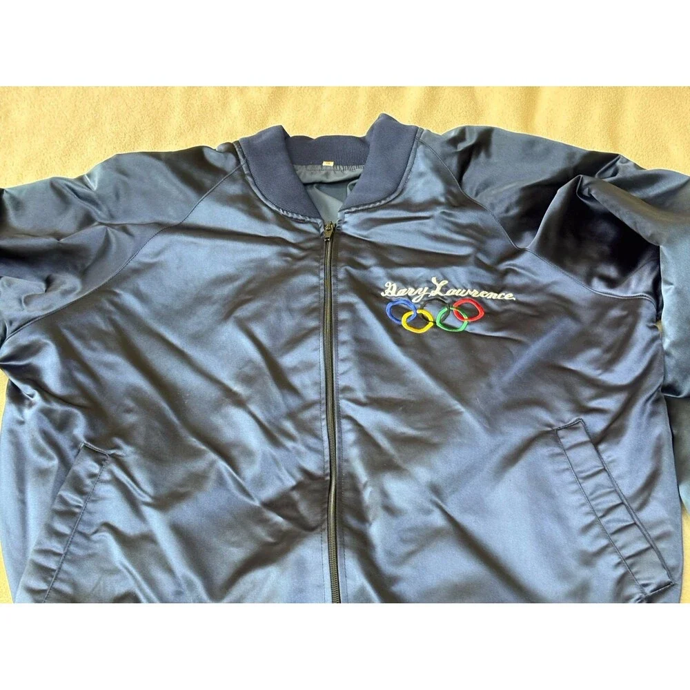 Vintage 1988 Seoul Korea Olympics Full Zip Blue Satin Bomber Jacket Size XL